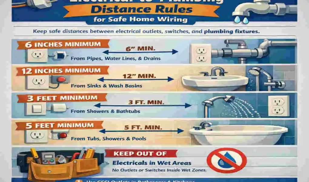how far does electrical have to be from home plumbing