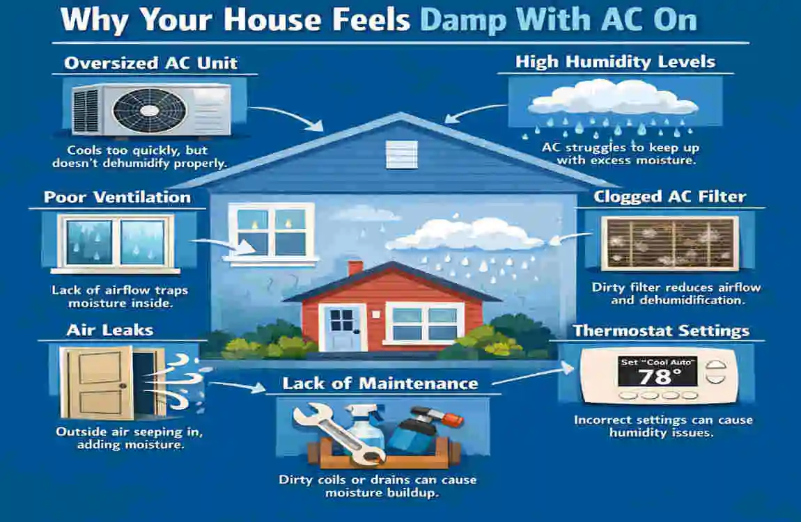 why does my house feel damp with ac on