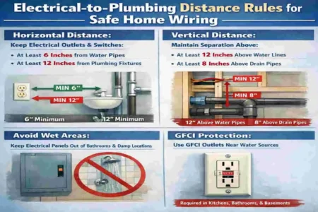 how far does electrical have to be from home plumbing