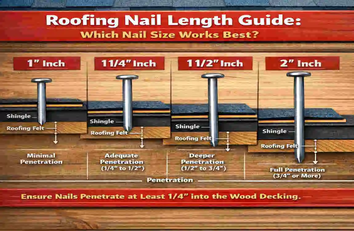how far should house roofing nails