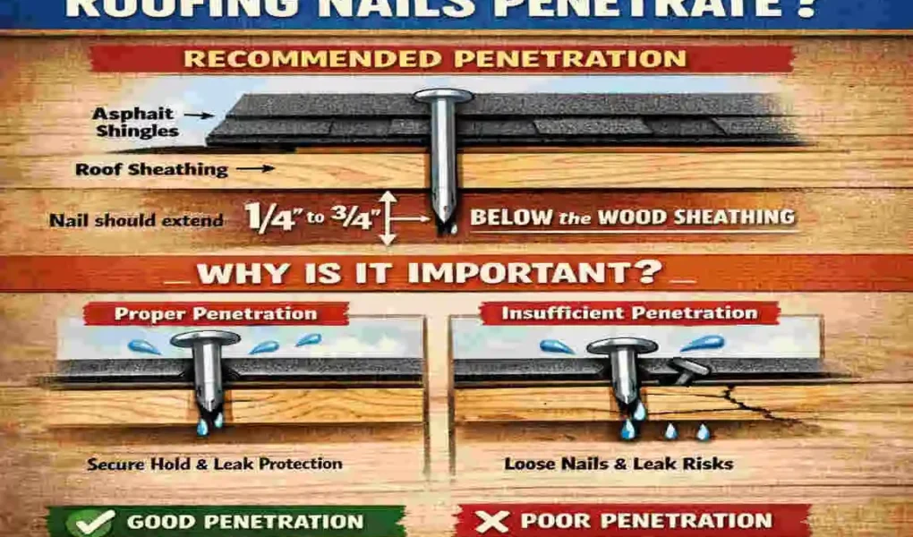 how far should house roofing nails penetrate