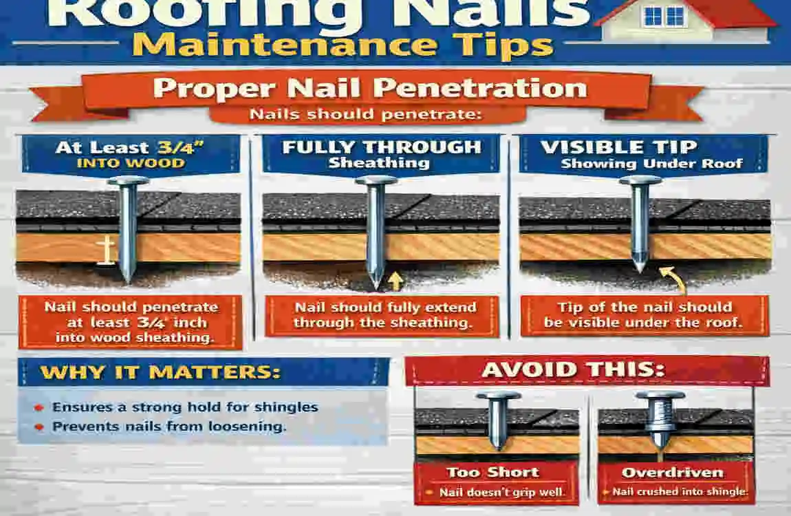 how far should house roofing nails