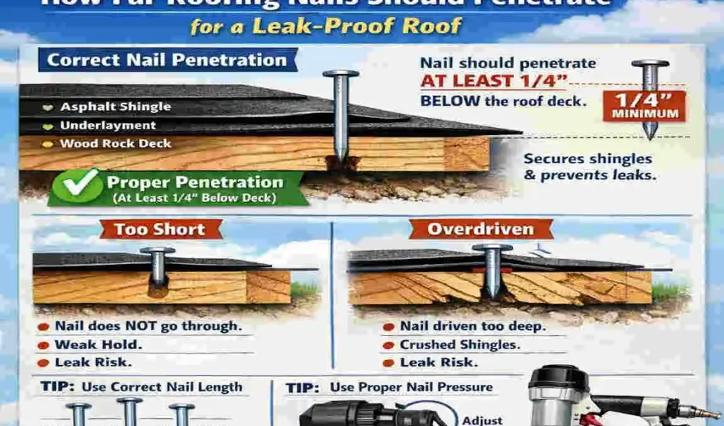 how far should house roofing nails