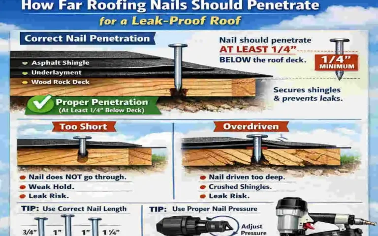 how far should house roofing nails