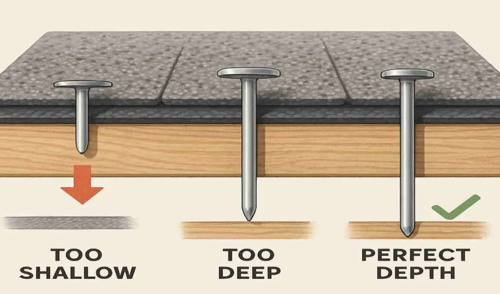 how far should house roofing nails penetrate