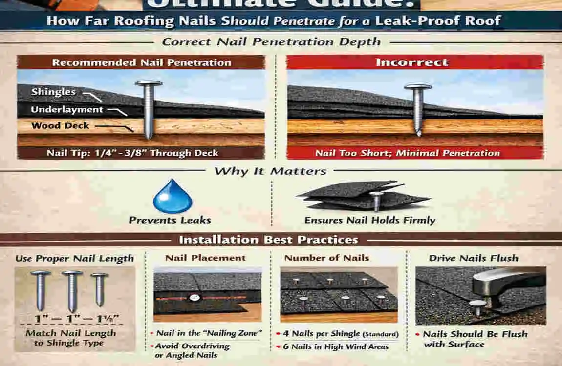 how far should house roofing nails