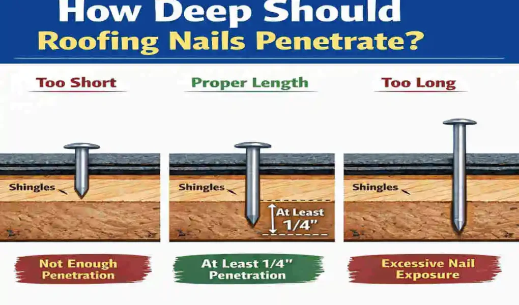 how far should house roofing nails