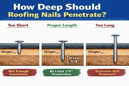 how far should house roofing nails