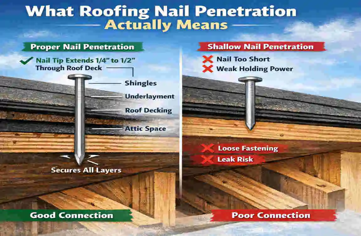 how far should house roofing nails