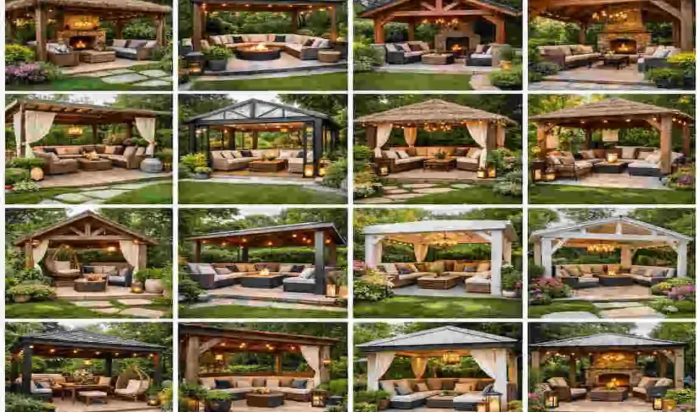 seating area in garden with roof at home