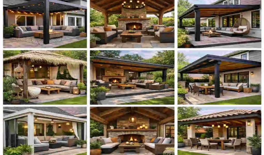 seating area in garden with roof at home