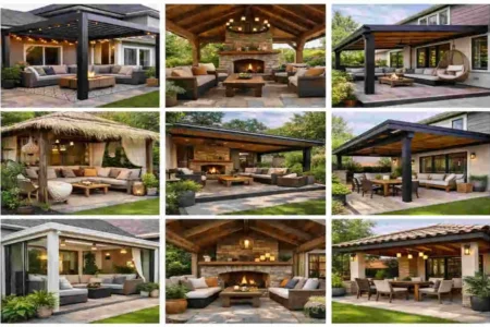 seating area in garden with roof at home