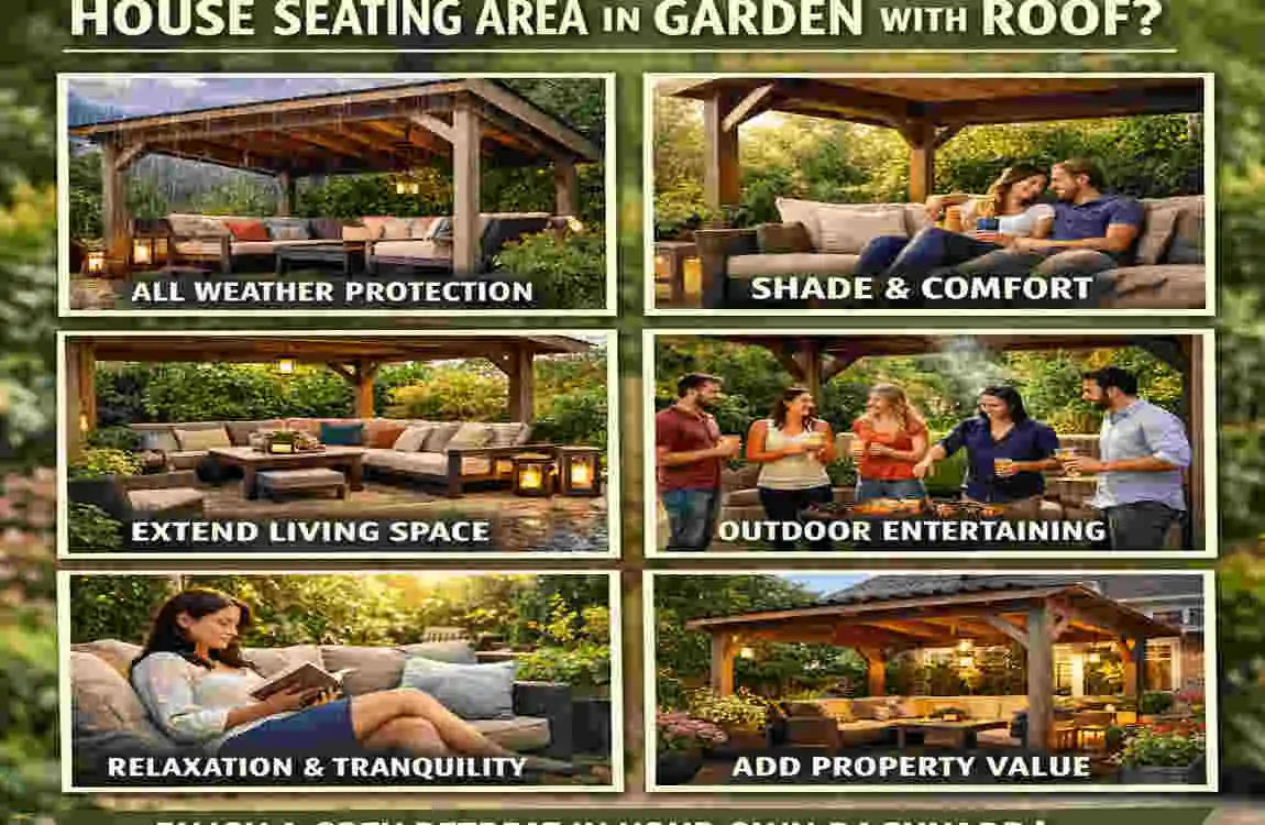 seating area in garden with roof at home