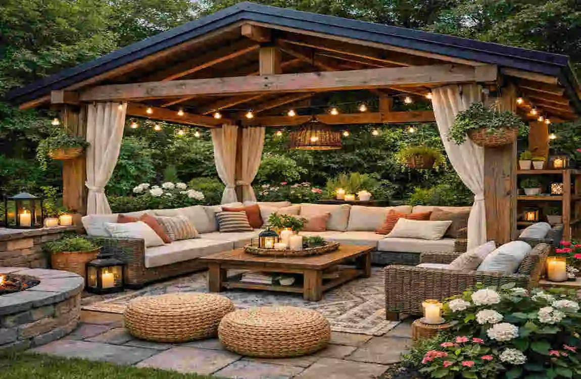 seating area in garden with roof at home
