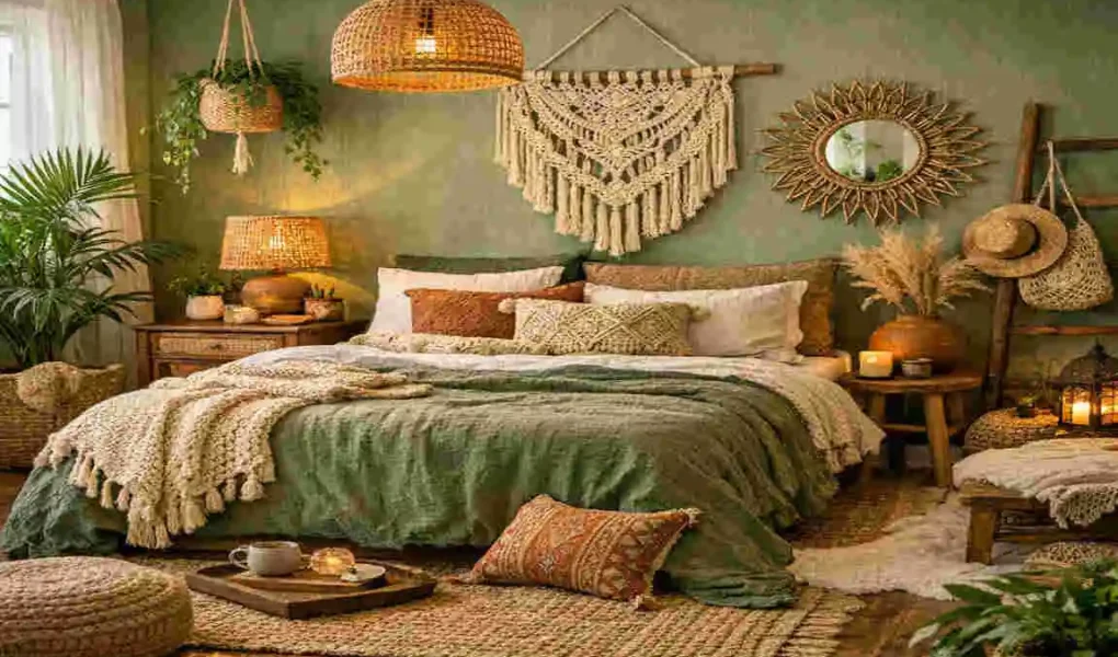 green boho bedroom