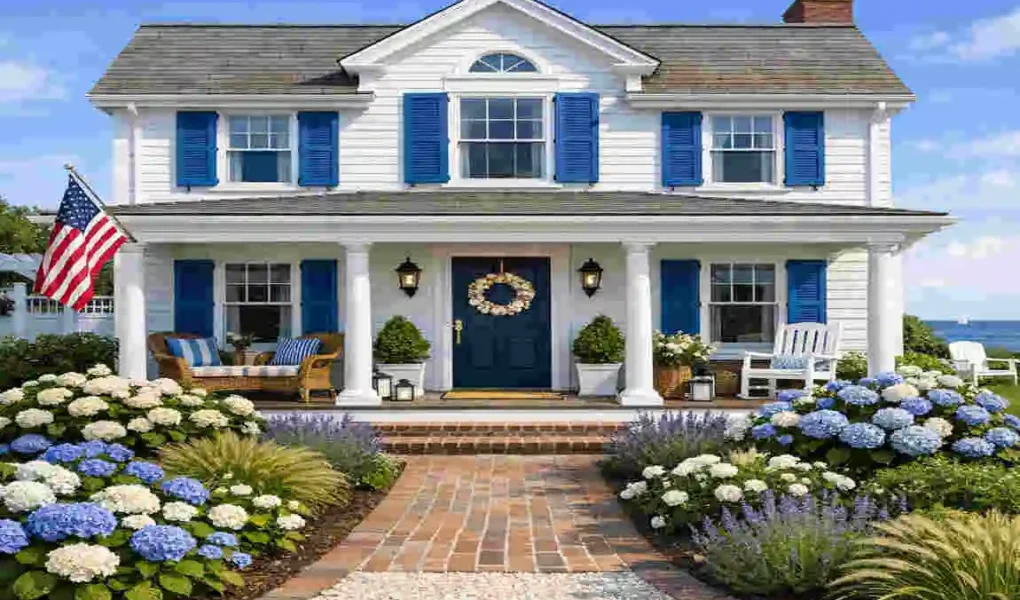 a white house with blue shutters