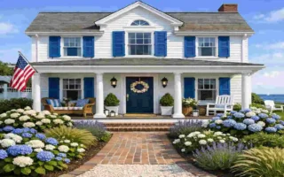 a white house with blue shutters