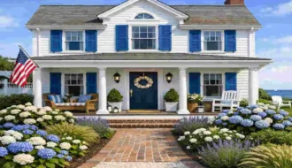 a white house with blue shutters