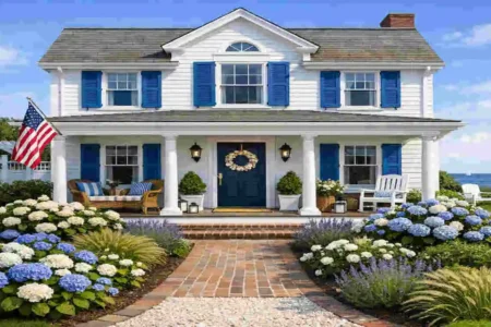 a white house with blue shutters