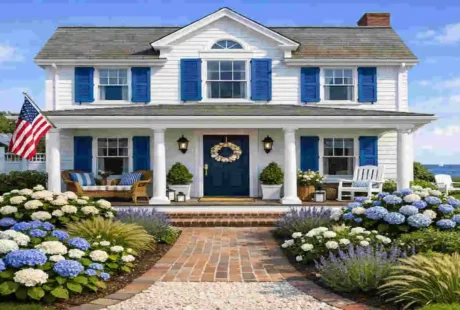 a white house with blue shutters