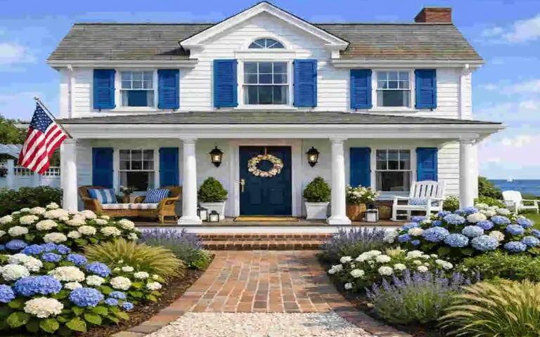 a white house with blue shutters