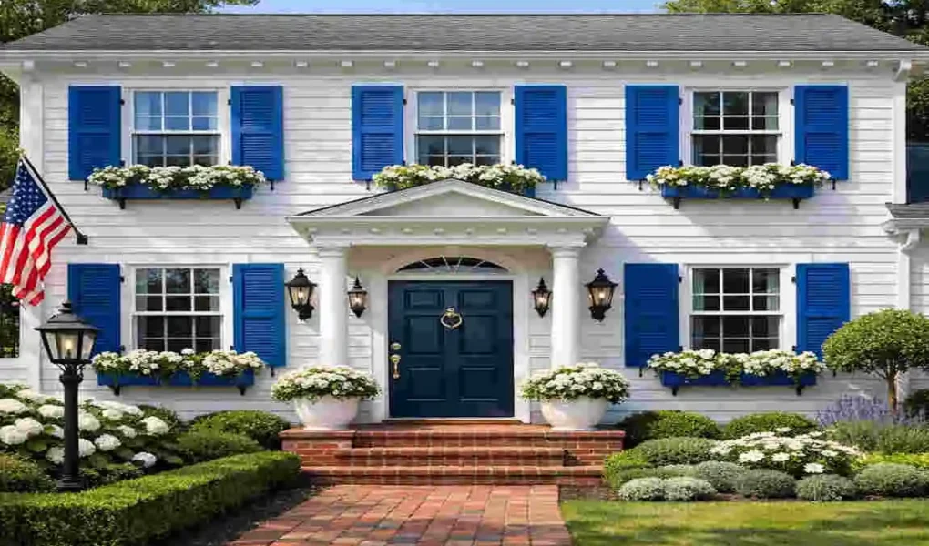 a white house with blue shutters