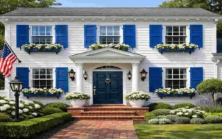 a white house with blue shutters