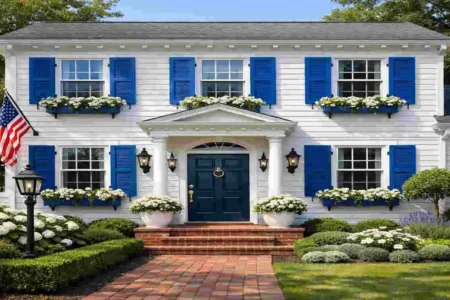 a white house with blue shutters