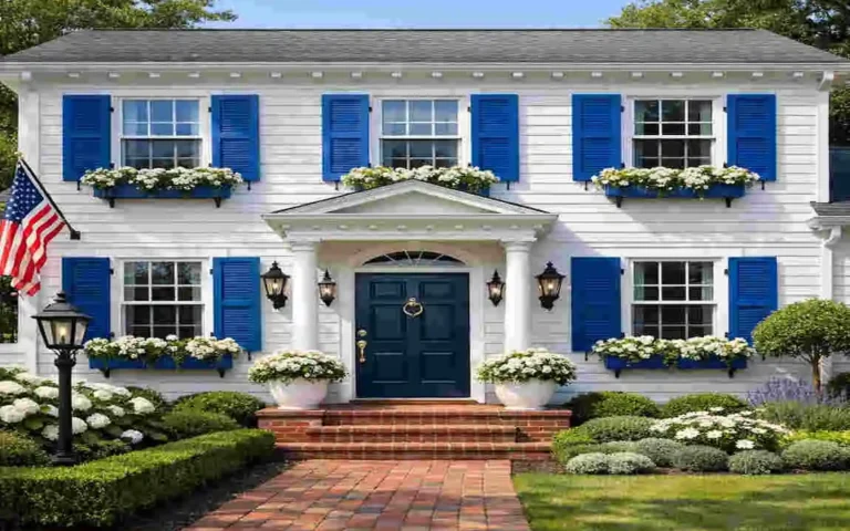 a white house with blue shutters