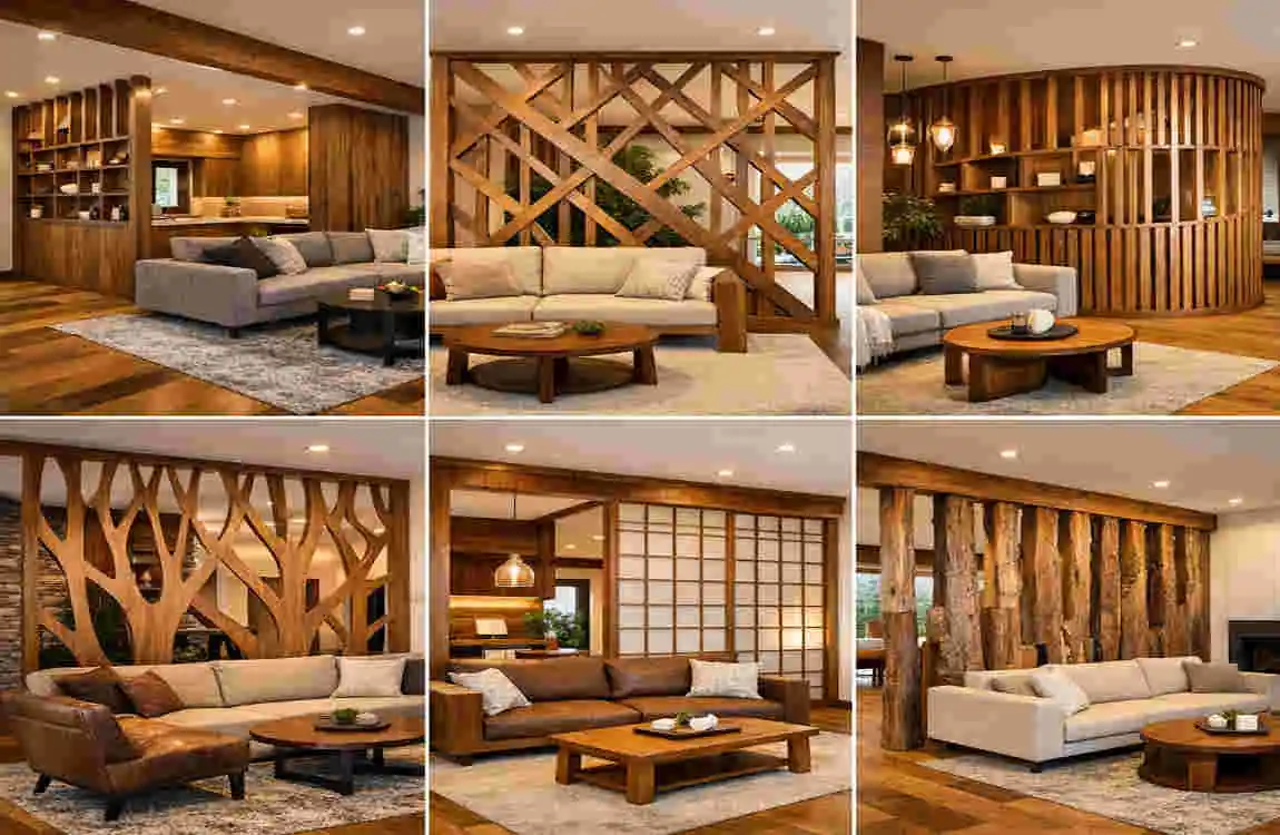 6 Stunning Wooden Living Room House Designs with Unique Partitions Wall ...