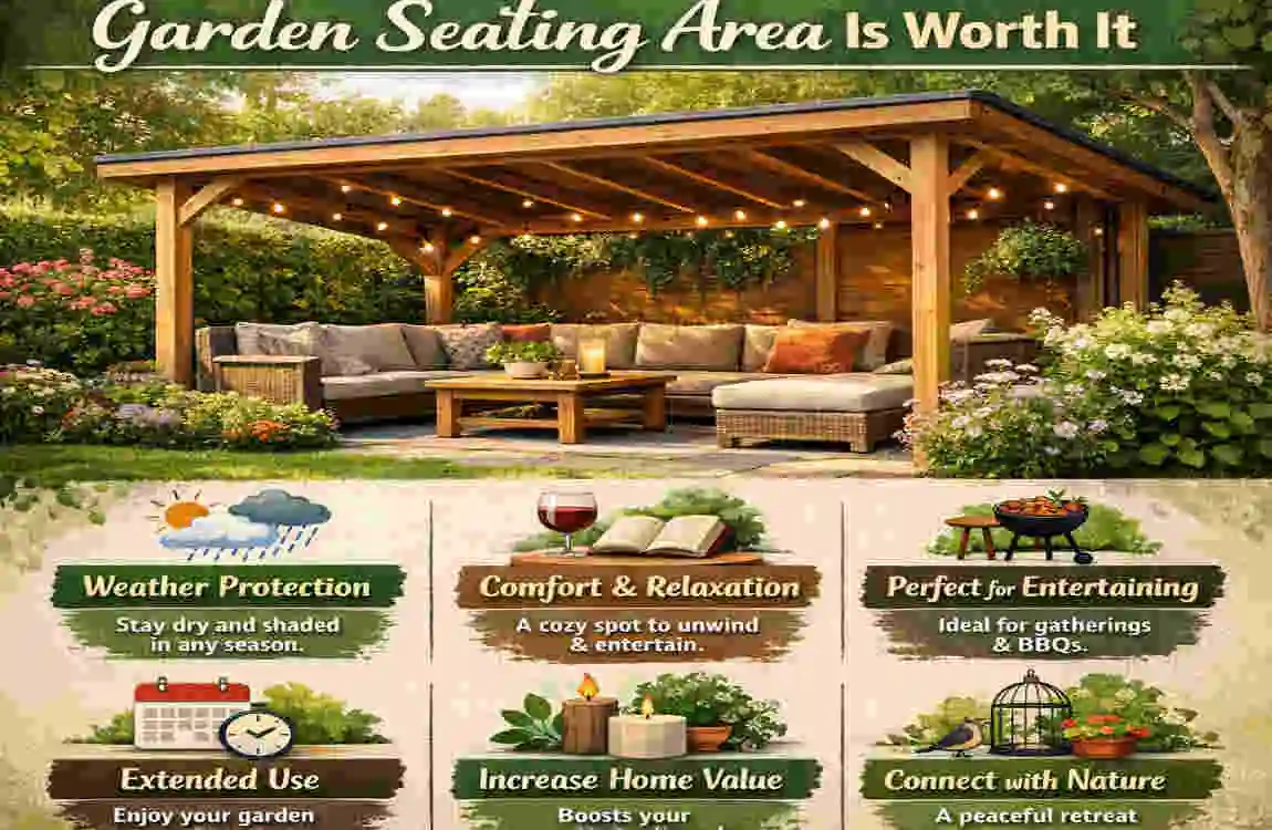 seating area in garden with roof at home