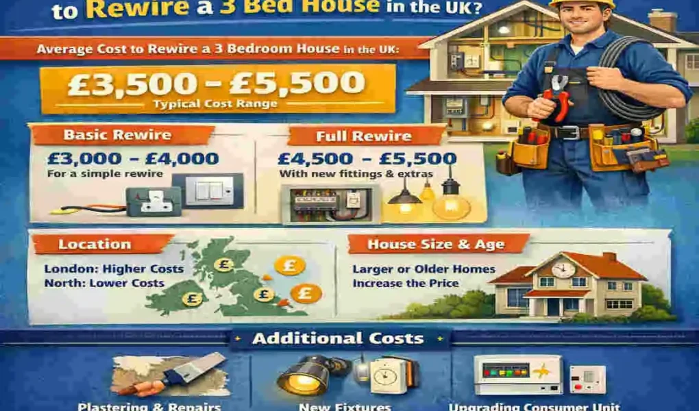how much does it cost to rewire a 3 bed house uk